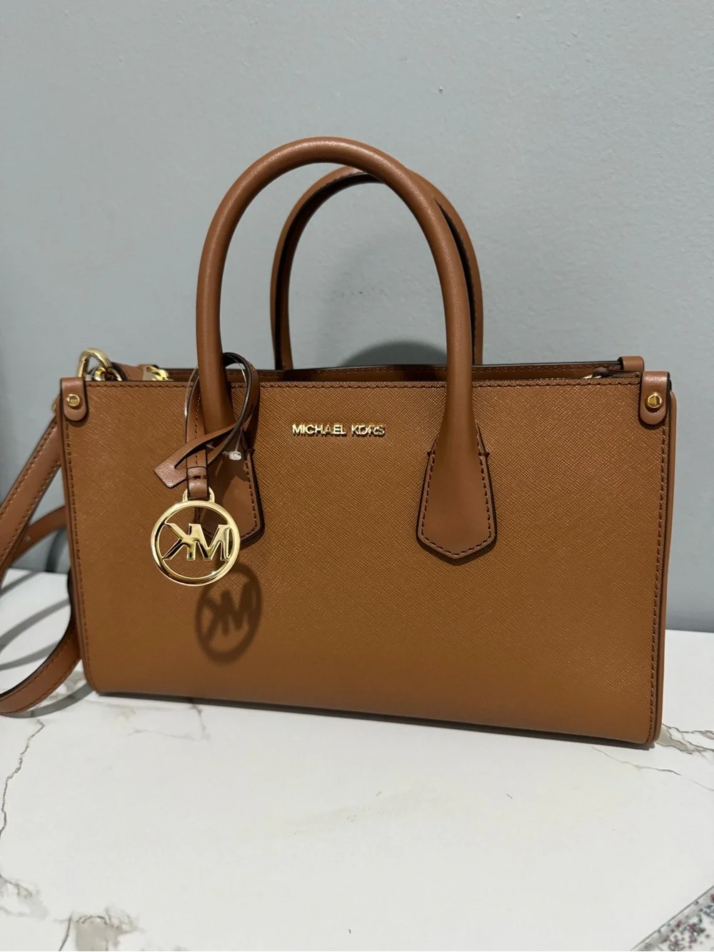 Michael Kors Tan Saffiano Leather Satchel with Gold Hardware